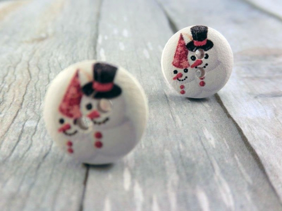 Preview: Holz Knopf Ohrstecker Schneemann Winter Schnee